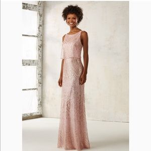 Mori Lee blush and gold formal dress
